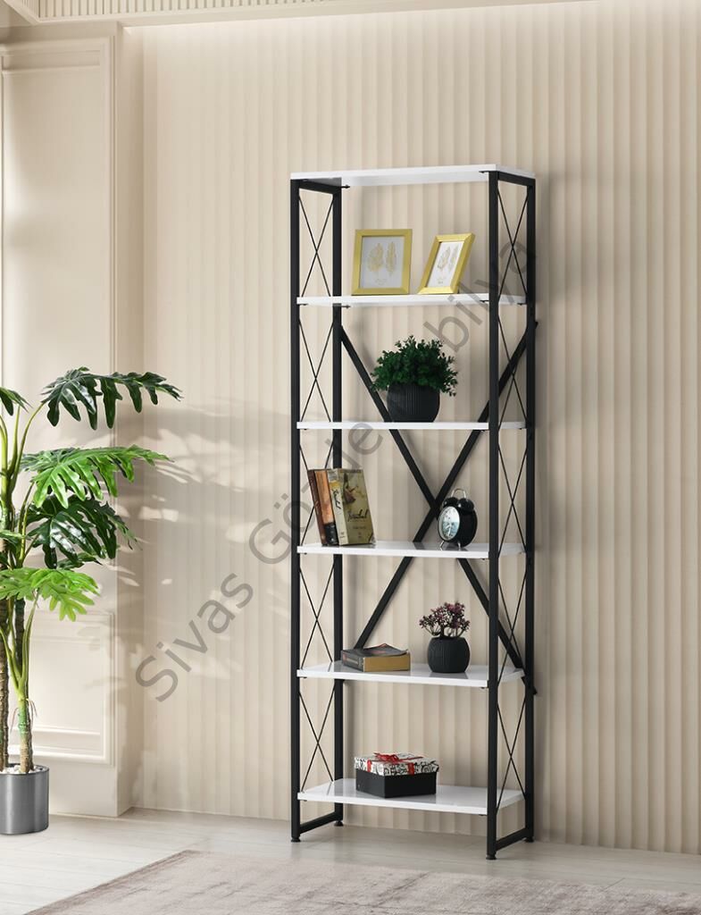 Ferforje Ahşap 5 Raflı Kitaplık 60x30x180