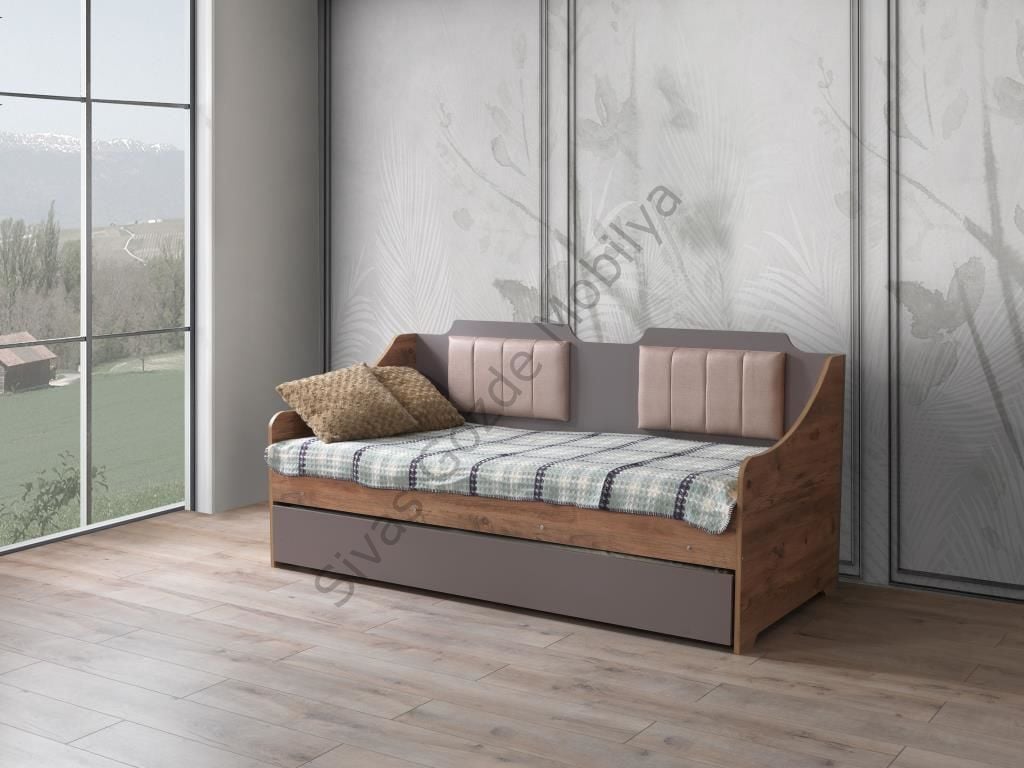 Yavrulu Çekmeceli Sedir Karyola Ahşap Genç Odası Koltuk 90x190 GRİ