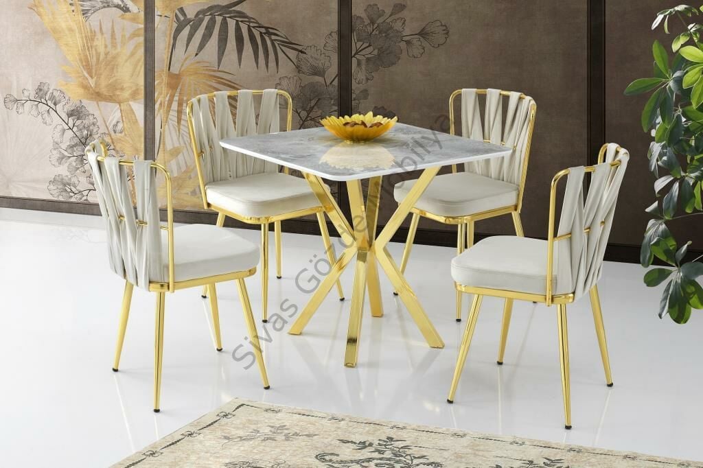 Karen High Gloss Gold Mutfak Masa 4 Sandalye Seti 80x80