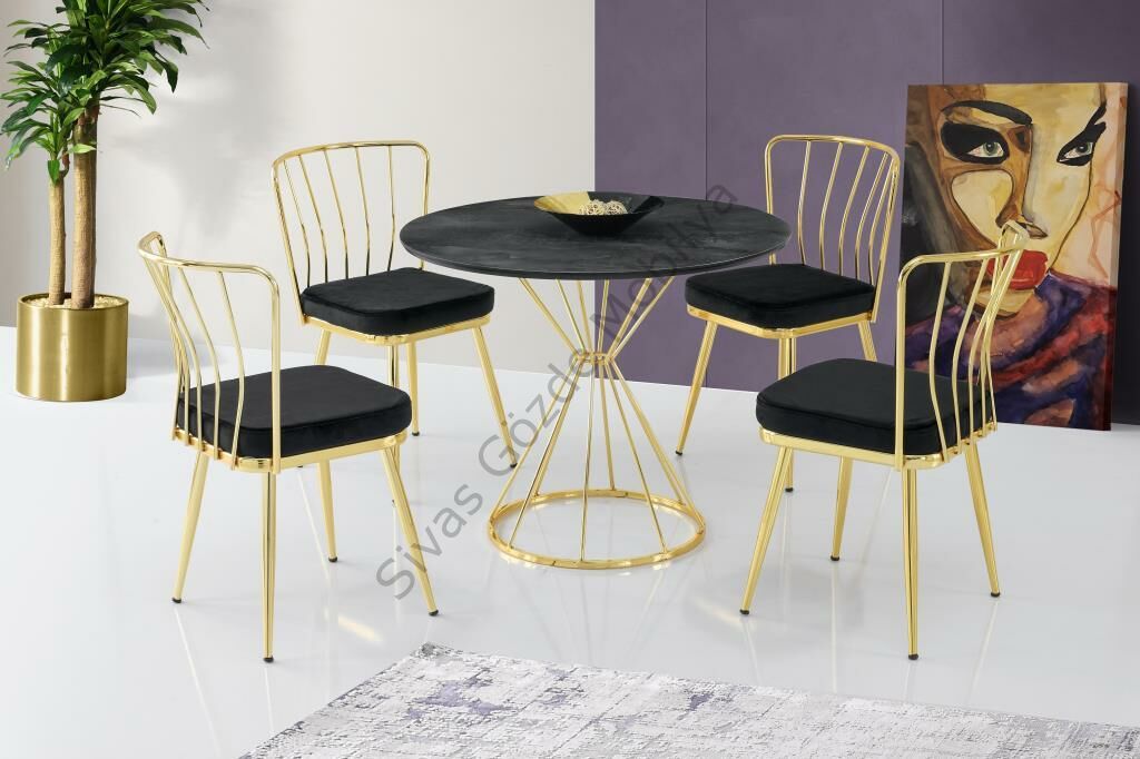 Kum Saati High Gloss Siyah Gold Mutfak Masa 4 Sandalye Seti 90cm