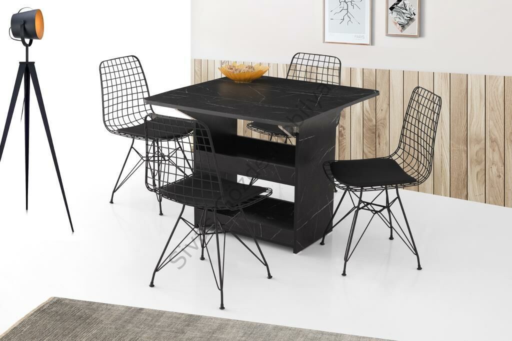 İzmir Katlanır Mutfak Masası ve 4 Sandalye 80x90cm Siyah Mermer