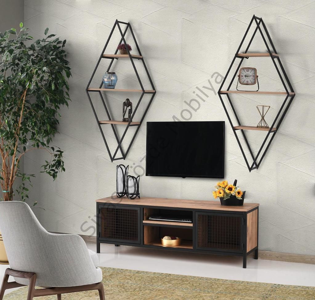 Karo Modern Tarz Tv Sehpası+Üst Raflar Dekoratif Tv Ünitesi