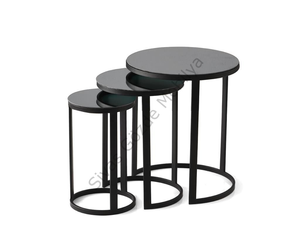 Sedef Ayna Camlı Metal Yuvarlak 3 lü Zigon Sehpa