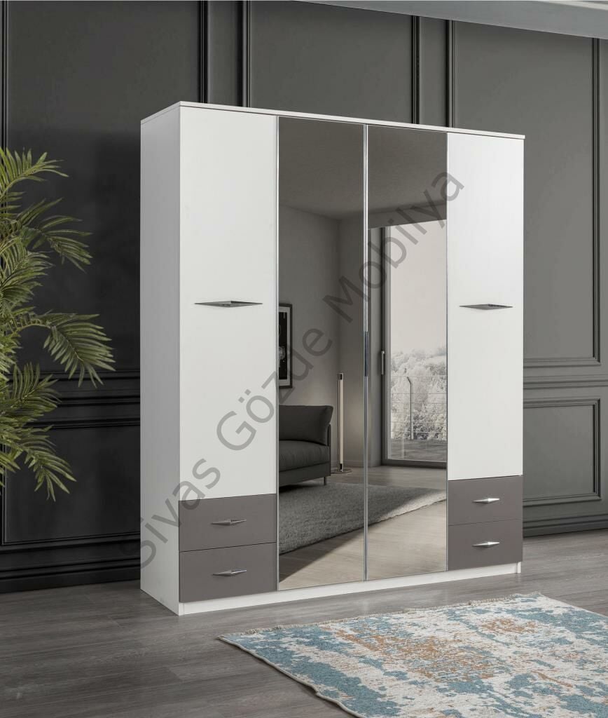 Bella 4 Kapılı Gardırop Aynalı Çekmeceli 170x55x210