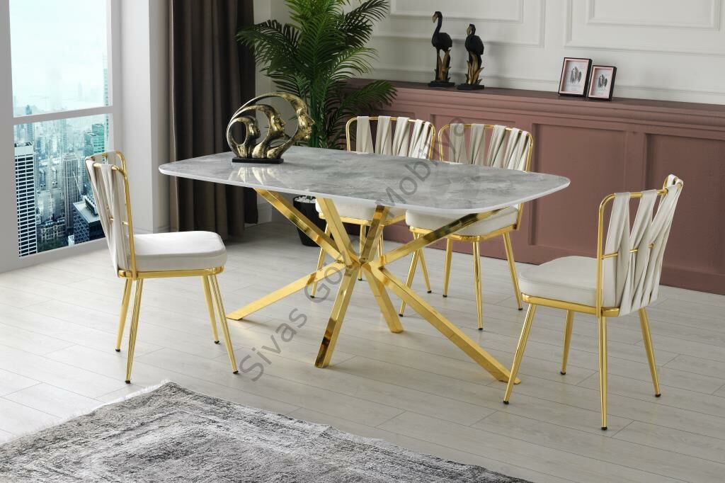 Örgülü Çapraz High Gloss Yemek Masa Sandalye Takımı 90x160cm
