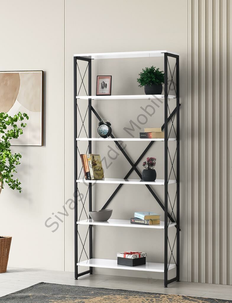 Ferforje Beyaz Ahşap 5 Raflı Kitaplık 80x30x180
