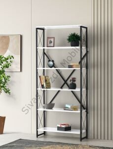 Ferforje Beyaz Ahşap 5 Raflı Kitaplık 80x30x180