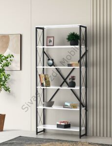 Ferforje Beyaz Ahşap 5 Raflı Kitaplık 80x30x180