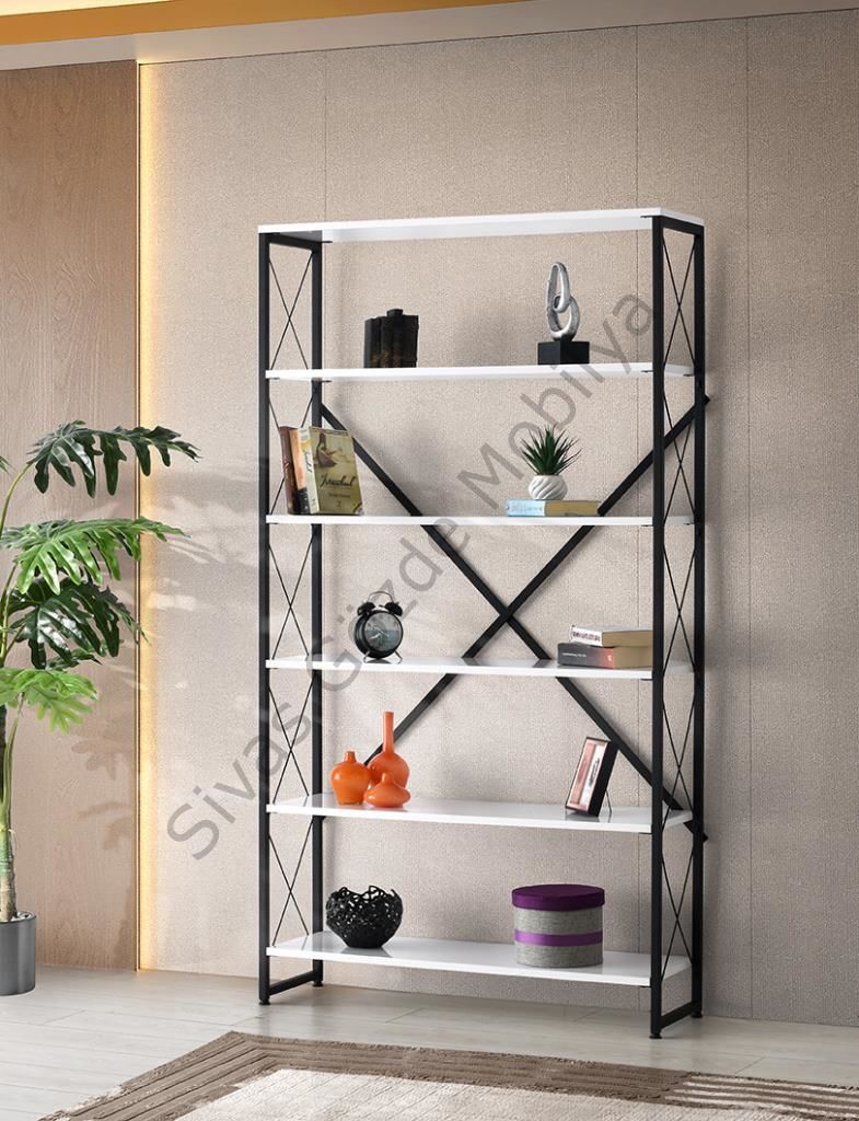 Ferforje Beyaz Ahşap 5 Raflı Kitaplık 100x30x180