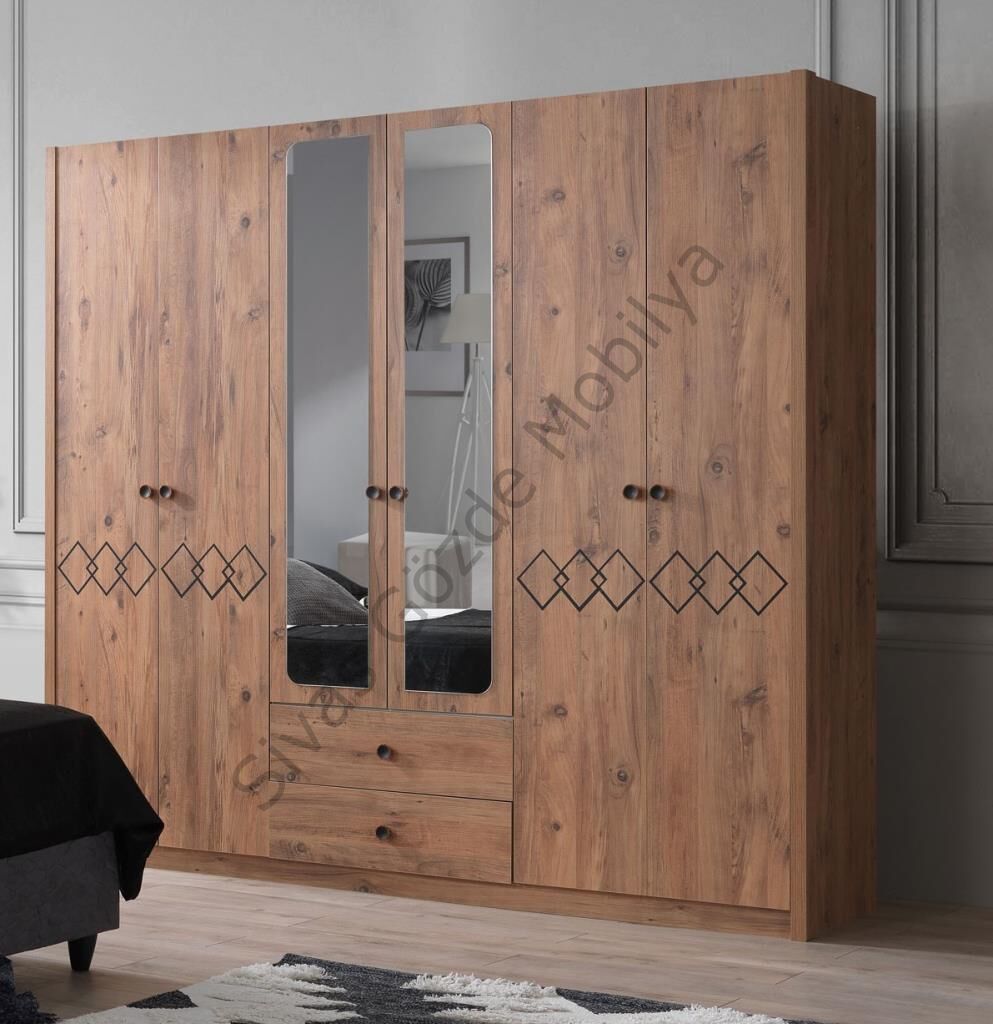 Ekonomik 6 Kapılı Gardırop 2 Çekmeceli Ceviz Elbise Dolabı