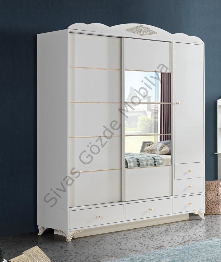 Modern Sürgülü Kapaklı Çekmeceli Gardırop Elbise Dolabı