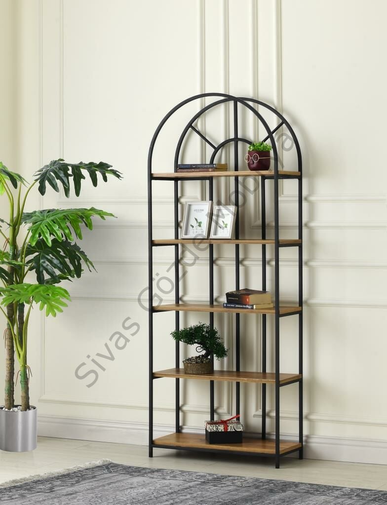 Kubbeli Dekoratif Metal Ahşap Kitaplık 70x30x180