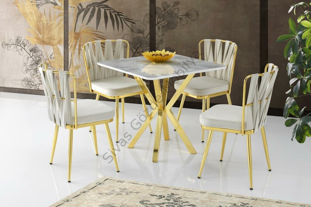 Karen High Gloss Gold Mutfak Masa 4 Sandalye Seti 80x80