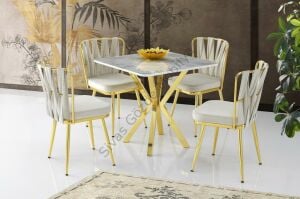 Karen High Gloss Gold Mutfak Masa 4 Sandalye Seti 80x80
