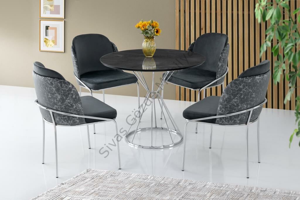 Kum Saati High Gloss Siyah Krom Mutfak Masa 4 Sandalye Seti 90cm