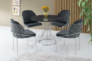 Kum Saati High Gloss Siyah Krom Mutfak Masa 4 Sandalye Seti 90cm