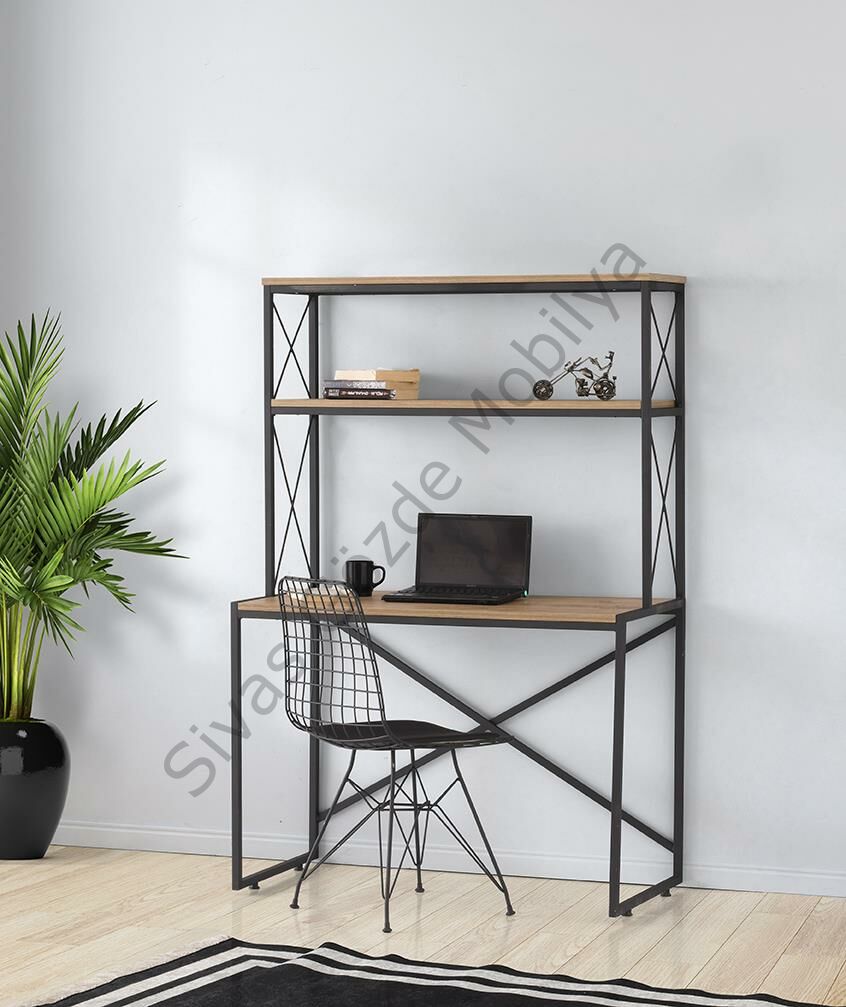 Ferforje Kitaplıklı Raflı Çalışma Masası 104x50x156cm