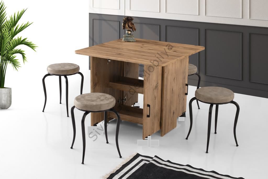 İzmir Katlanır Dolaplı Masa 4 Tabure 80x90cm Çam