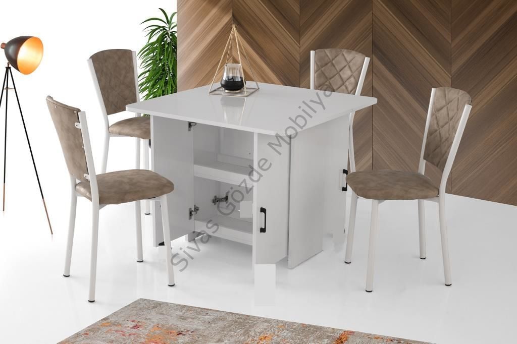 İzmir Katlanır Dolaplı Masa 4 Sandalye 80x90cm Beyaz