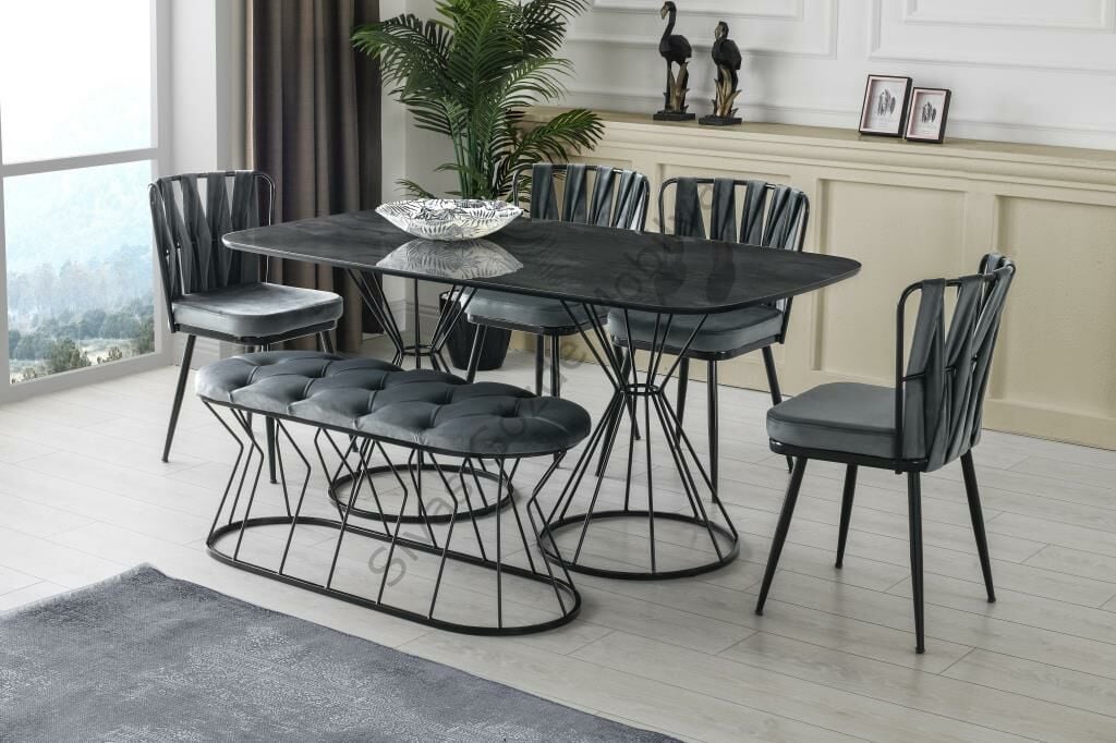 Örgülü Eliza High Gloss Yemek Masa Sandalye Banklı Takım
