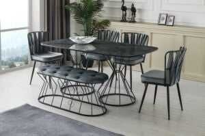 Örgülü Eliza High Gloss Yemek Masa Sandalye Banklı Takım