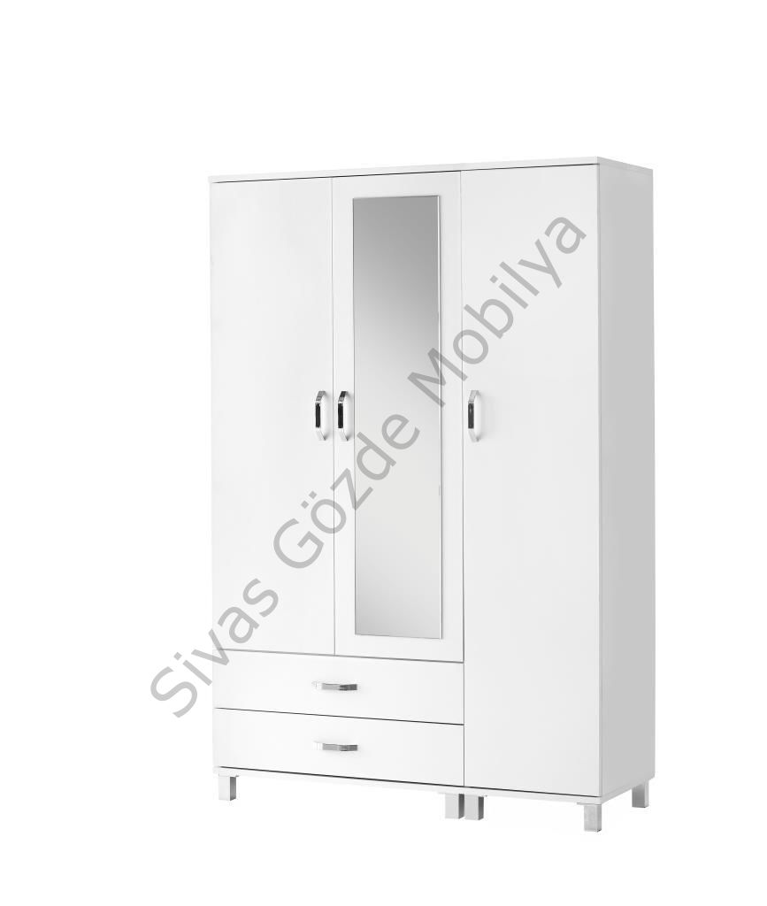Buket Aynalı 3 Kapılı 2 Çekmeceli Gardırop Elbise Dolabı 120x46x189