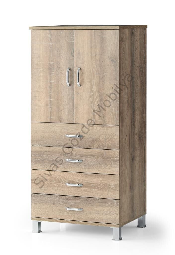 Ekonomik Dolaplı Şifonyer 4 Çekmeceli Raflı Elbise Dolabı 61x44x128cm