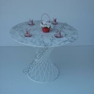Beyaz Mermer Desen Yuvarlak Balkon Mutfak Masası 90cm