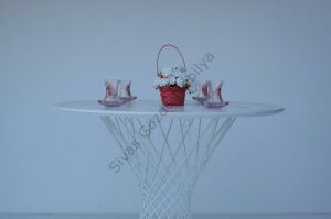 Beyaz Mermer Desen Yuvarlak Balkon Mutfak Masası 90cm