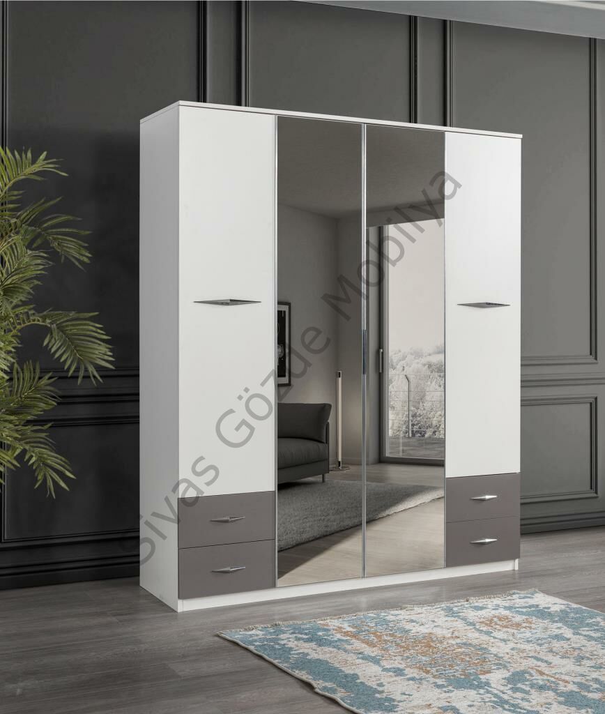 Bella 4 Kapılı Gardırop Aynalı Çekmeceli 170x55x210