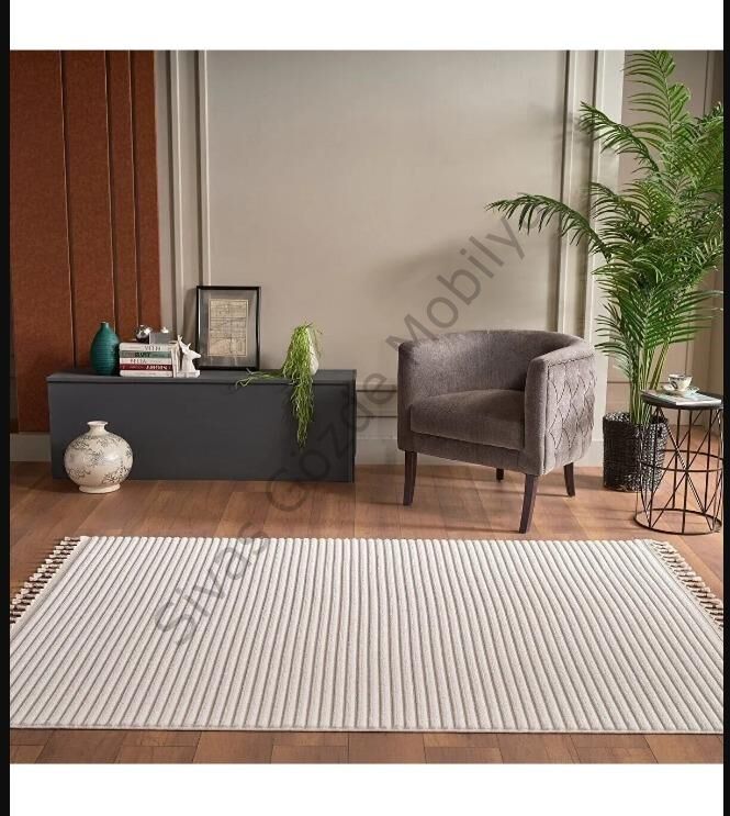 GümüşsuyuDeco Alvin 12612 160x230 Yeni Yüksek Kalite Modern Kabartmalı Örgü Saçaklı Krem Salon Halısı