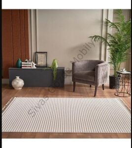 GümüşsuyuDeco Alvin 12612 160x230 Yeni Yüksek Kalite Modern Kabartmalı Örgü Saçaklı Krem Salon Halısı
