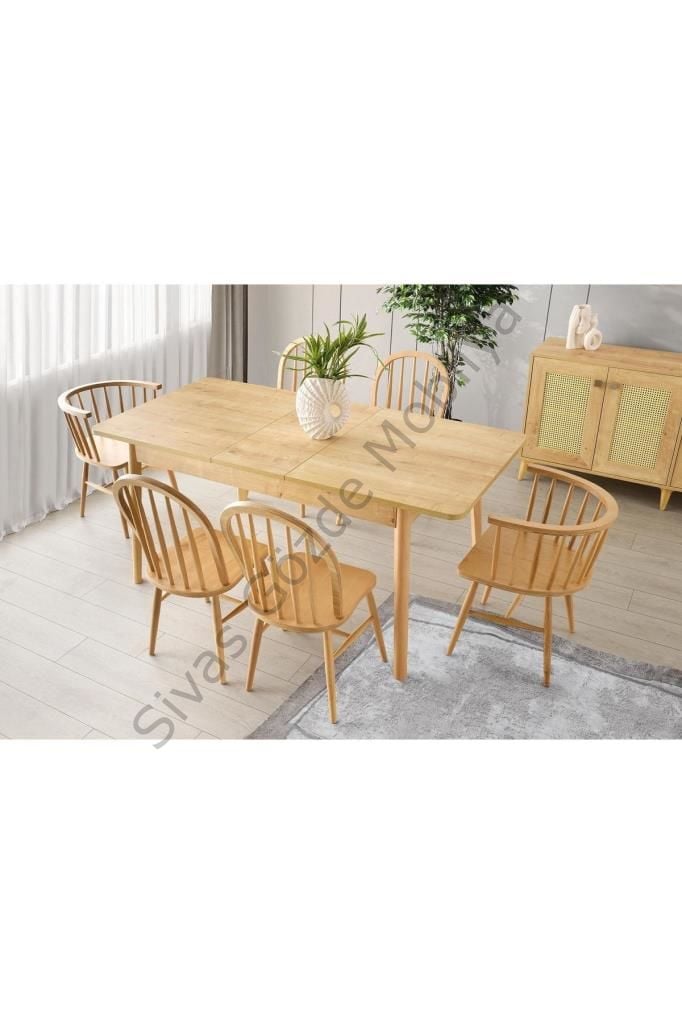 Safir Meşe Salon Yemek Masa 6 Adet Sandalye Takımı 90*145