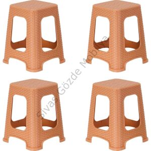 Plastik Rattan Hasır Desenli Büyük Tabure 4 lü Set KAHVERENGİ