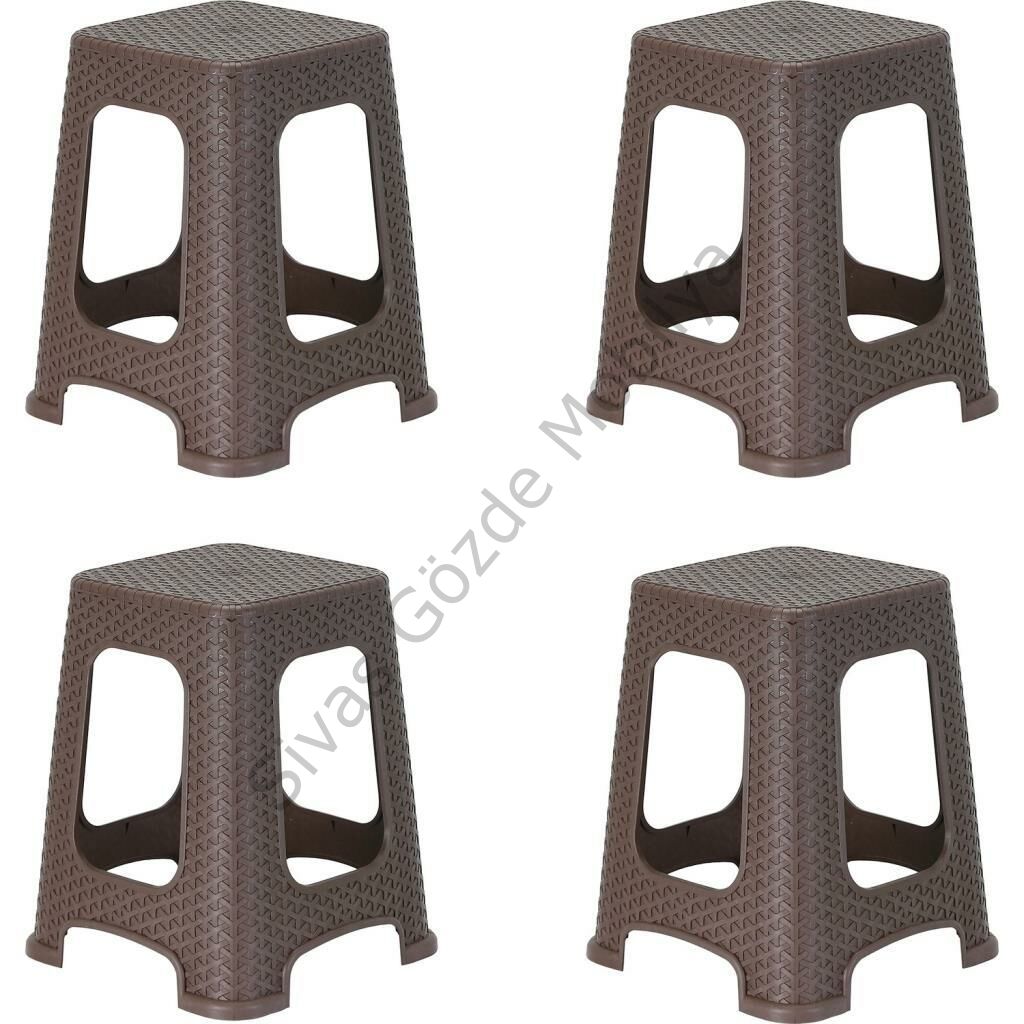 Plastik Rattan Hasır Desenli Büyük Tabure 4 lü Set KAHVERENGİ