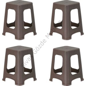 Plastik Rattan Hasır Desenli Büyük Tabure 4 lü Set KAHVERENGİ
