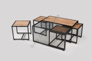 Ferforje Ahşap Tarz 4 Zigonlu Orta Sehpa 90x90x44cm