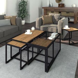 Ferforje Ahşap Tarz 4 Zigonlu Orta Sehpa 90x90x44cm